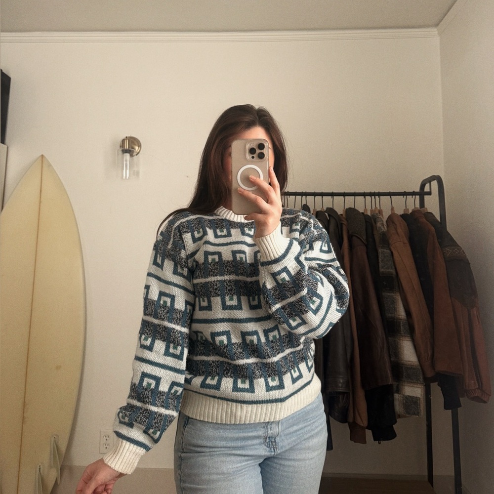 Geometric Patterned Blue and White Sweater